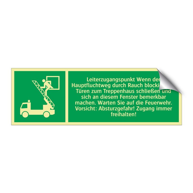 Leiterzugangspunkt Wenn der Hauptfluchtweg durch Rauch blockiert ist: Türen zum Treppenhaus schließen und sich an diesem Fenster bemerkbar machen. Warten Sie auf die Feuerwehr. Vorsicht: Absturzgefahr! Zugang immer freihalten!