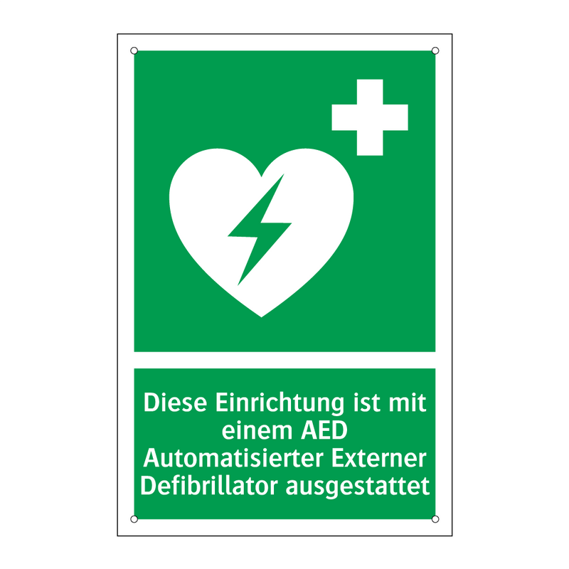 Diese Einrichtung ist mit einem AED Automatisierter Externer Defibrillator ausgestattet