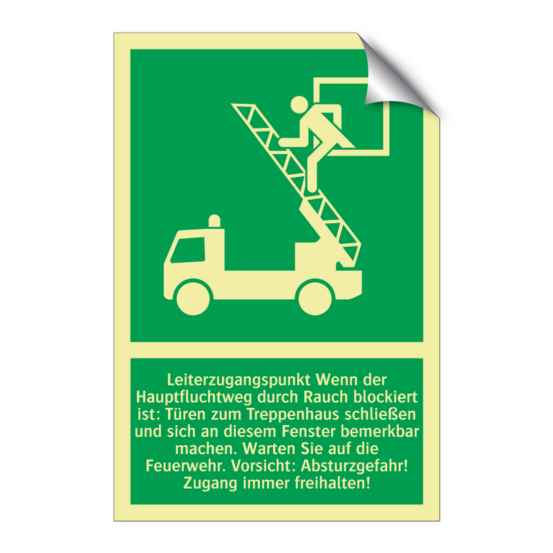 Leiterzugangspunkt Wenn der Hauptfluchtweg durch Rauch blockiert ist: Türen zum Treppenhaus schließen und sich an diesem Fenster bemerkbar machen. Warten Sie auf die Feuerwehr. Vorsicht: Absturzgefahr! Zugang immer freihalten!