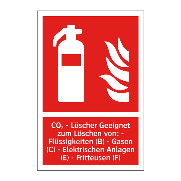 CO₂ - Löscher Geeignet zum Löschen von: - Flüssigkeiten (B) - Gasen (C) - Elektrischen Anlagen (E) - Fritteusen (F)