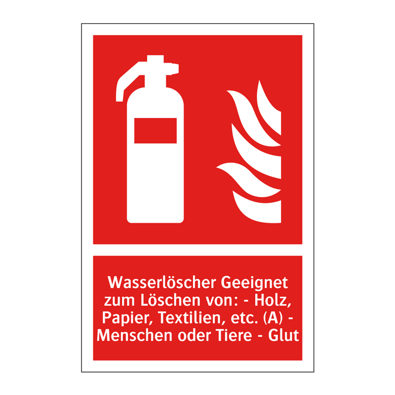 Wasserlöscher Geeignet zum Löschen von: - Holz, Papier, Textilien, etc. (A) - Menschen oder Tiere - Glut