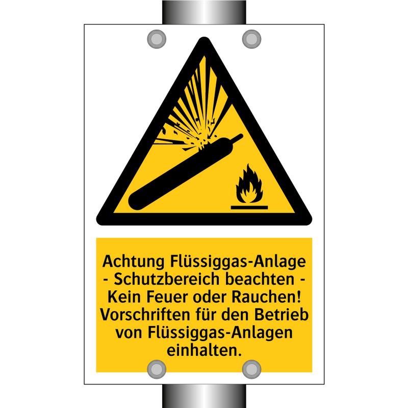 Achtung Flüssiggas-Anlage - Schutzbereich beachten - Kein Feuer oder Rauchen! Vorschriften für den Betrieb von Flüssiggas-Anlagen einhalten.