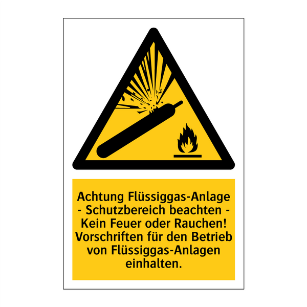 Achtung Flüssiggas-Anlage - Schutzbereich beachten - Kein Feuer oder Rauchen! Vorschriften für den Betrieb von Flüssiggas-Anlagen einhalten.