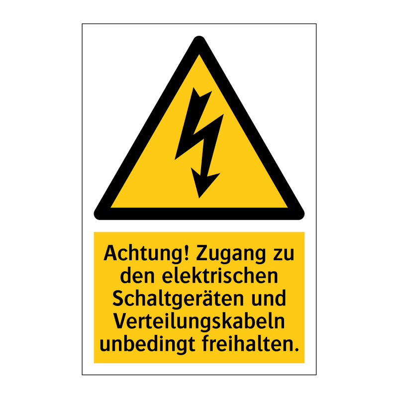 Achtung! Zugang zu den elektrischen Schaltgeräten und Verteilungskabeln unbedingt freihalten.