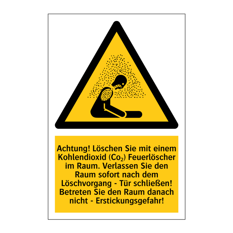 Achtung! Löschen Sie mit einem Kohlendioxid (Co₂) Feuerlöscher im Raum. Verlassen Sie den Raum sofort nach dem Löschvorgang - Tür schließen! Betreten Sie den Raum danach nicht - Erstickungsgefahr!