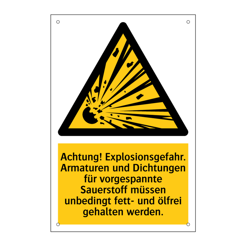 Achtung! Explosionsgefahr. Armaturen und Dichtungen für vorgespannte Sauerstoff müssen unbedingt fett- und ölfrei gehalten werden.