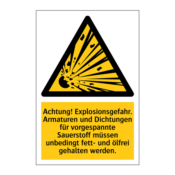 Achtung! Explosionsgefahr. Armaturen und Dichtungen für vorgespannte Sauerstoff müssen unbedingt fett- und ölfrei gehalten werden.