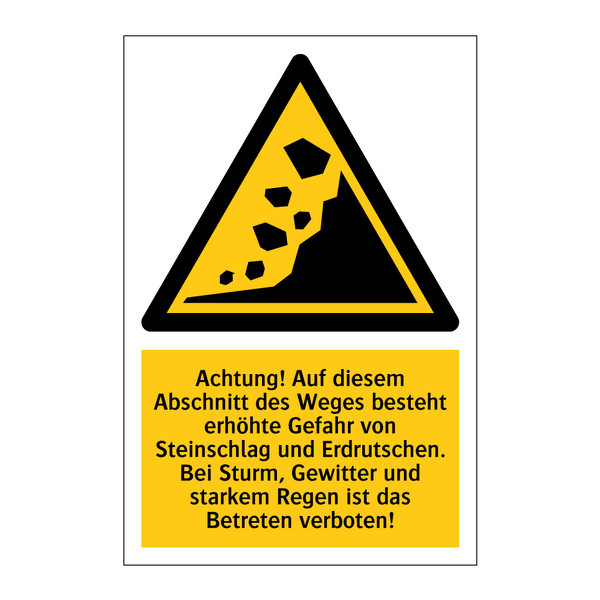 Achtung! Auf diesem Abschnitt des Weges besteht erhöhte Gefahr von Steinschlag und Erdrutschen. Bei Sturm, Gewitter und starkem Regen ist das Betreten verboten!