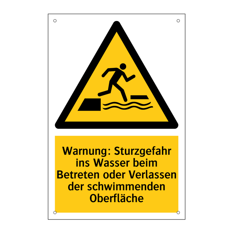 Warnung: Sturzgefahr ins Wasser beim Betreten oder Verlassen der schwimmenden Oberfläche