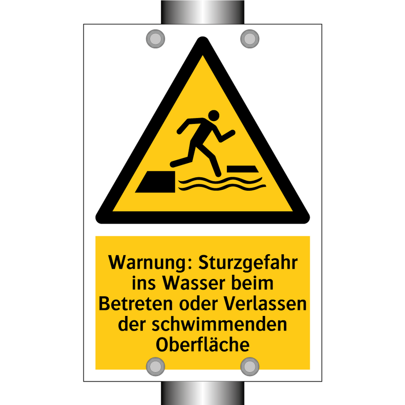 Warnung: Sturzgefahr ins Wasser beim Betreten oder Verlassen der schwimmenden Oberfläche