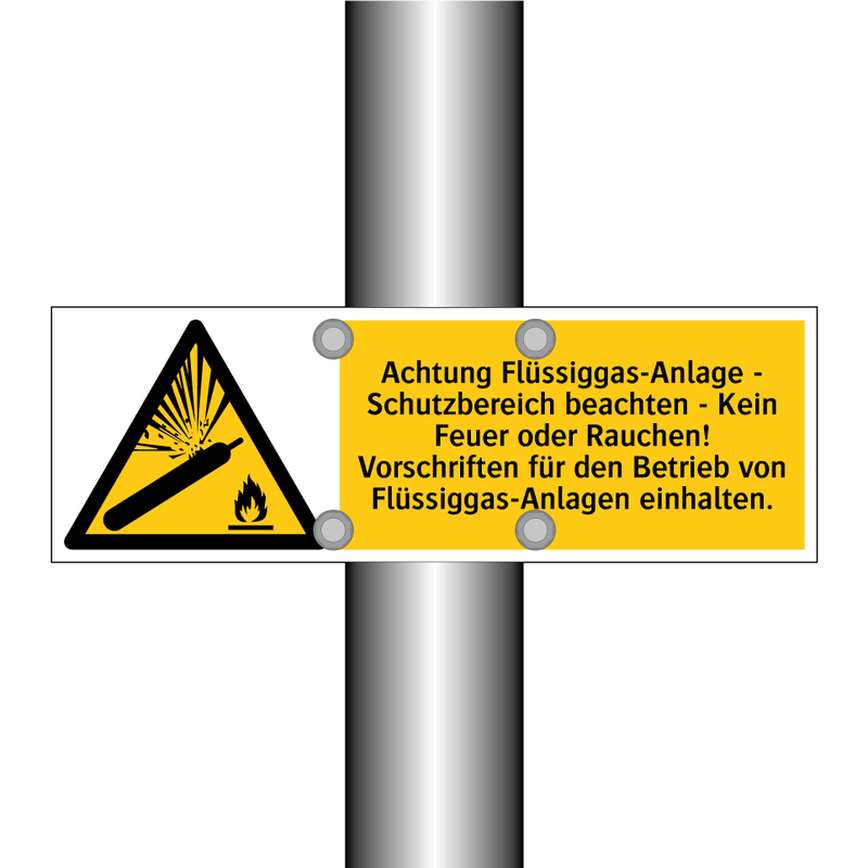 Achtung Flüssiggas-Anlage - Schutzbereich beachten - Kein Feuer oder Rauchen! Vorschriften für den Betrieb von Flüssiggas-Anlagen einhalten.