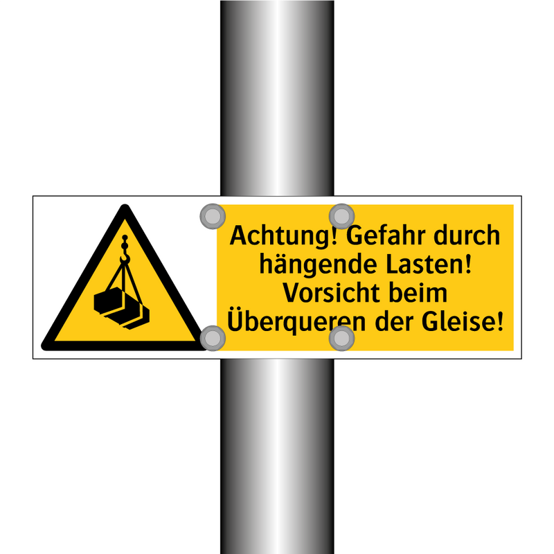 Achtung! Gefahr durch hängende Lasten! Vorsicht beim Überqueren der Gleise!