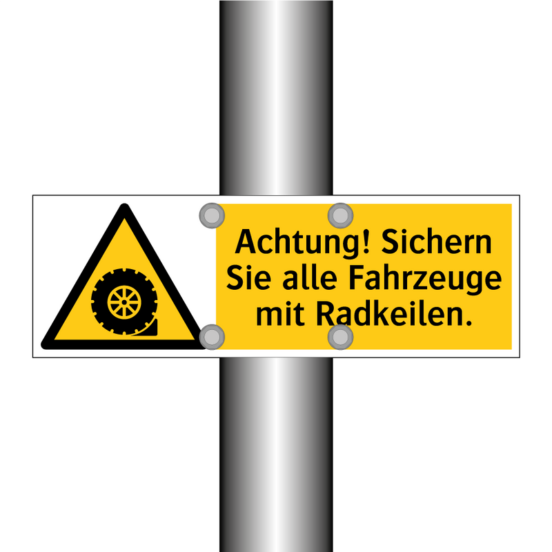 Achtung! Sichern Sie alle Fahrzeuge mit Radkeilen.