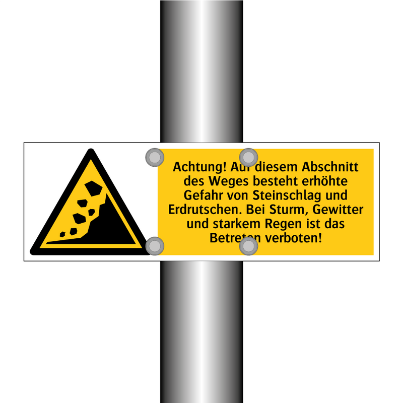 Achtung! Auf diesem Abschnitt des Weges besteht erhöhte Gefahr von Steinschlag und Erdrutschen. Bei Sturm, Gewitter und starkem Regen ist das Betreten verboten!